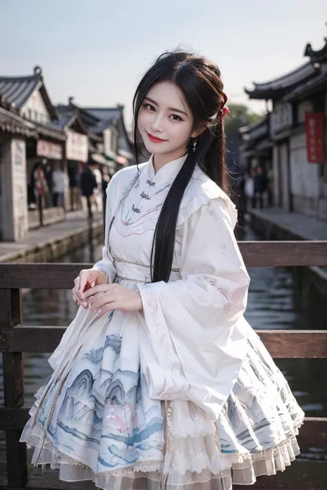 realistic, photorealistic, masterpiece, best quality, 1girl, solo, smile, looking at viewer, long black hair, cowboy shot, cns_dress, pettiskirt, standing, (china jiangnan water town style:1.1), beautiful sky, netural lighting,  <lora:chinaDollLikeness_v10:0.6>, <lora:cns_dress_style3_v2:0.7>