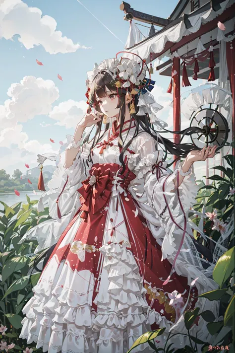 1girl,long hair,long sleeves,solo, <lora:byrs:0.4>, bamboo leaf,lake, cloudy sky,flower, petal,sunlight,wind, <lora:cns_dress_style4_v1:0.7>,chinese clothes, hanfu