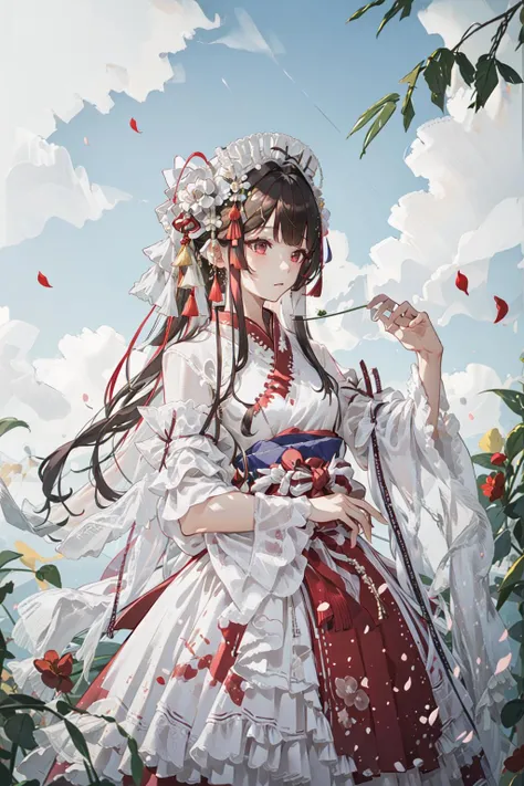 1girl,long hair,long sleeves,solo, <lora:byrs:0.4>, bamboo leaf,lake, cloudy sky,flower, petal,sunlight,wind, <lora:cns_dress_style4_v1:0.7>,chinese clothes, hanfu