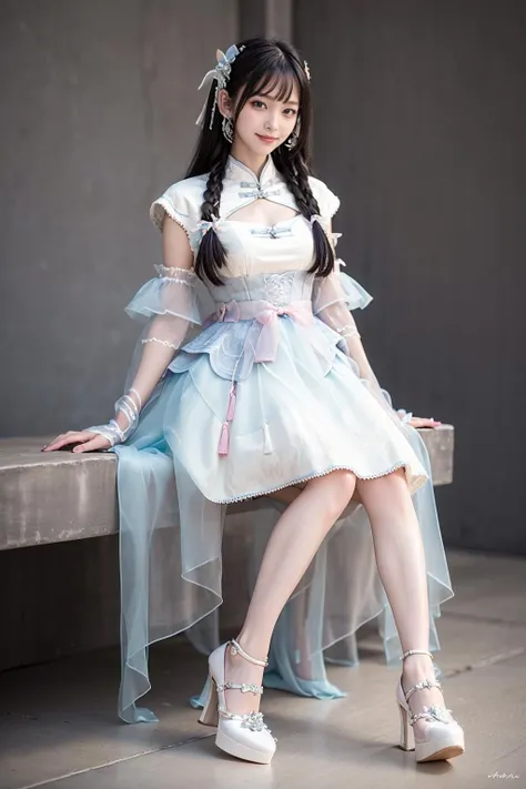 best quality, quality, masterpiece, photorealistic, 1girl, solo, full body, sitting, long hair, black hair, hair hair ornament, looking at viewer, smile, cns attire, chinese clothes, layered dress, detached sleeves, wide sleeves, see-through, high heels, bare legs, simple background, <lora:cns_attire_style8_v1:0.65>