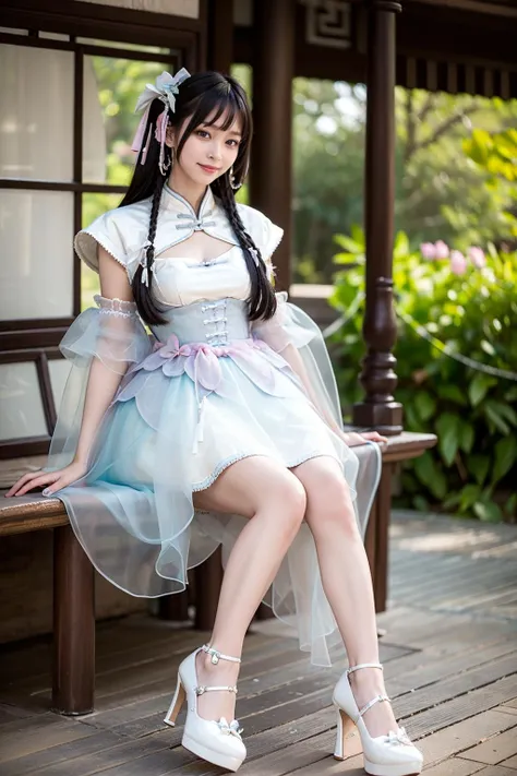 best quality, quality, masterpiece, photorealistic, 1girl, solo, full body, sitting, long hair, black hair, hair hair ornament, looking at viewer, smile, cns attire, chinese clothes, layered dress, detached sleeves, wide sleeves, see-through, high heels, bare legs, chinese garden, detailed background, <lora:cns_attire_style8_v1:0.65>
