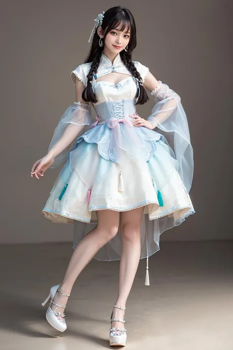 best quality, quality, masterpiece, photorealistic, 1girl, solo, full body, standing, long hair, black hair, hair hair ornament, looking at viewer, smile, cns attire, chinese clothes, layered dress, detached sleeves, wide sleeves, see-through, high heels, bare legs, simple background, <lora:cns_attire_style8_v1:0.65>