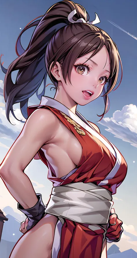 (masterpiece),(intricate details),1boy,young girl,laughing,large breasts:1.3,golden hair
BREAK
<lora:shiranui maiV1:0.8>,shiranui mai, brown eyes,very long hair, brown hair, white ribbon, sleeveless, ponytail, sash, pelvic curtain, arm guards, gloves, tabi
BREAK
day,sun,rainbow,((cumulonimbus)),looking at viewer, from side:1.4, ((upper body))