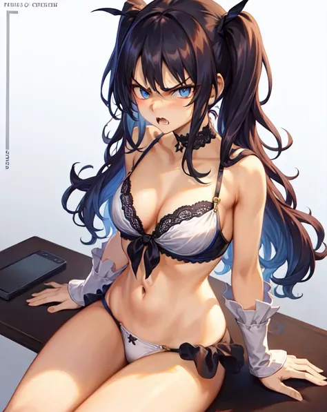 incredibly absurdres, best quality, 4k wallpaper, mature girl modeling, 1girl, solo, looking at viewer, sitting, modeling shoot, (angry:1.3), Road Sign Blue eyes, deep detailed eyes, (wavy hair and hime cut), Prussian blue hair, breasts, medium breasts, cleavage, white bikini, simple background, gradient background