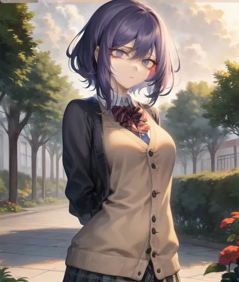 incredibly absurdres, best quality, 4k wallpaper, dau-al-set, 1girl, solo, arms behind back, (despair:1.3), Oxford Gray eyes, deep detailed eyes, (sidelocks and undercut:1.3), Purple hair, breasts, medium breasts, 2::$$, cardigan, kilt, garden, beautifully detailed background, amazing background