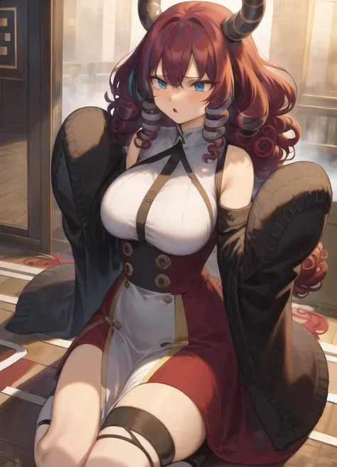 mashuu,, incredibly absurdres, best quality, 4k wallpaper, 1girl, solo, hands up, yelling, Dazzling Blue eyes, (curly hair and hair tubes:1.3), Maroon hair, huge breasts, uchikake, sleeves past wrists, the background is A very trendy and frequented place with footprints everywhere and wear on the floor, beautifully detailed background, amazing background