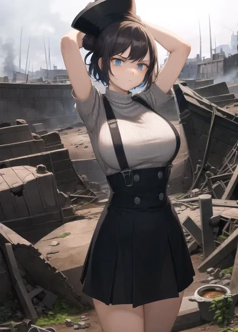 incredibly absurdres, best quality, 4k wallpaper, 1girl, solo, arms up, (furrowed brow:1.3), Saffron eyes, deep detailed eyes, (topknot and pixie cut:1.3), Deep coffee hair, breasts, huge breasts, mini hat, ribbed sweater, suspender skirt, the background is A land full of war trenches with lots of wreckage and remnants of war, beautifully detailed background, amazing background