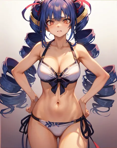 incredibly absurdres, best quality, 4k wallpaper, mature girl modeling, 1girl, solo, looking at viewer, hands on hips, modeling shoot, (scared:1.3), Burnt Orange eyes, deep detailed eyes, (twin drills and comb over), UCLA Blue hair, breasts, small breasts, cleavage, white bikini, simple background, gradient background
