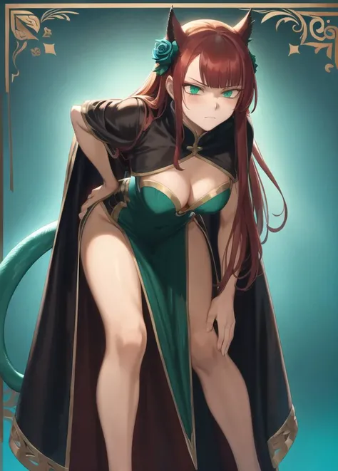 incredibly absurdres, best quality, 4k wallpaper, ecological art, 1girl, solo, leaning forward, bent over, (rolling eyes:1.3), Emerald Green eyes, deep detailed eyes, (quin tails and sidelocks:1.3), Copper rose hair, breasts, small breasts, 2: :$$, long coat, pelvic curtain, the background is ocean, beautifully detailed background, amazing background