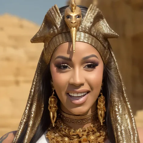 Photo of (ohwx woman) <lora:NickiMinaj-000007:1> as an Egyptian queen, serpent headdress, golden serpent jewelry. pyramids, Egypt