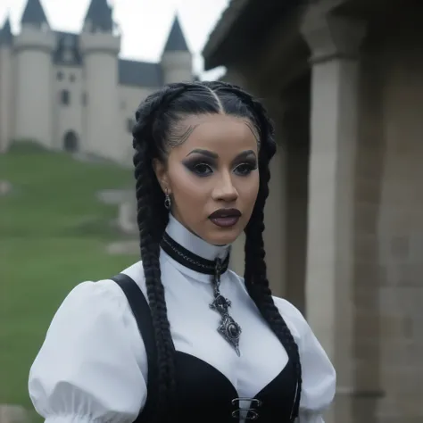 photo of (ohwx woman) as Wednesday Adamas, wearing gothic clothes, braided pigtails, in a castle, sharp focus, looking at the camera, makeup, cinematic look, <lora:CardiB:1>