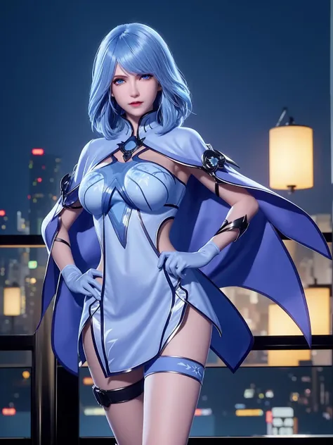 DLDLshuibinger, 1girl, solo, blue hair, blue eyes,dress,single thighhigh,thigh strap,long sleeves,clothing cutout, capelet, gloves, looking at viewer, cityscape, night, mature female, hand on hip, <lora:DLDLshuibingeriiXX:0.65>