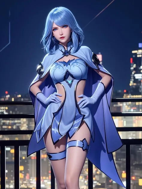 DLDLshuibinger, 1girl, solo, blue hair, blue eyes,dress,single thighhigh,thigh strap,long sleeves,clothing cutout, capelet, gloves, looking at viewer, cityscape, night, mature female, hand on hip,  <lora:DLDLshuibingeriiXX:0.65>