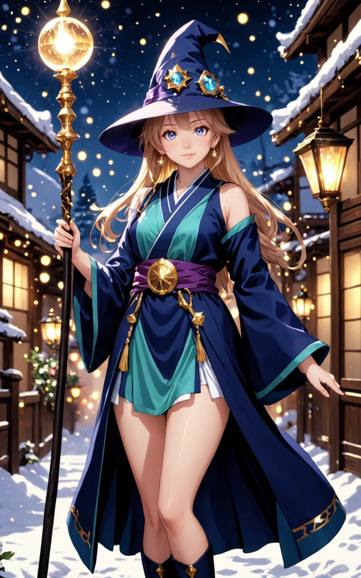 detailed eyes, Perfect features, (masterpiece), (best quality), moist skin, shiny skin, glossy skin, (good quality), intricate details, earrings, Ray Tracing, (See-through), (Bokeh), (Depth of field), anime, cute girl, wizard hat, robe, thigh-highs, holding ancient staff, happy, midnight, bloom, ambient occlusion, glow, glowing lights, light particles, transparent, translucent, bokeh, depth of field, snow, wind <lora:DauntlessMixSDXL:1> DauntlessXL Style
