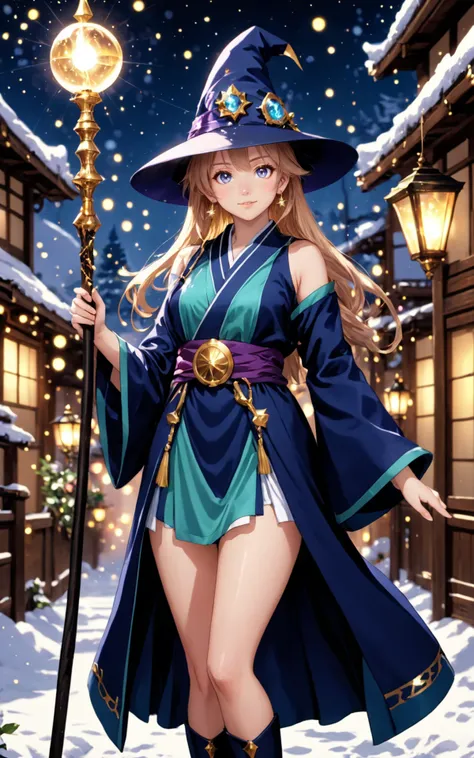 detailed eyes, Perfect features, (masterpiece), (best quality), moist skin, shiny skin, glossy skin, (good quality), intricate details, earrings, Ray Tracing, (See-through), (Bokeh), (Depth of field), anime, cute girl, wizard hat, robe, thigh-highs, holding ancient staff, happy, midnight, bloom, ambient occlusion, glow, glowing lights, light particles, transparent, translucent, bokeh, depth of field, snow, wind   <lora:DauntlessMixSDXL:1> DauntlessXL Style