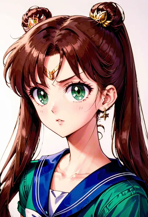 DauntlessXL Style,  1990s , (style),  1girl,  Kino Makoto, Sailor Jupiter,  brown hair,  long hair,  ponytail,  closed mouth,  earrings,  flower earrings,  green eyes,  jewelry,  anime coloring,  blue sailor collar,  looking at viewer,  portrait,  retro artstyle,  sailor collar,  school uniform,  serafuku,  solo, <lora:DauntlessMixSDXL:0.8>