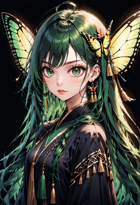 <lora:DauntlessMixSDXL:0.8> DauntlessXL Style, 1girl, black background, bug, butterfly, butterfly hair ornament, butterfly wings, earrings, eyelashes, green eyes, green hair, hair ornament, jewelry, lips, long hair, looking at viewer, parted lips, simple background, solo, tassel, tassel earrings, upper body, wings