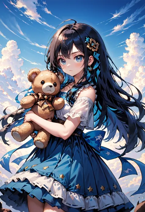 DauntlessXL Style, 1girl, black hair, blue eyes, blue hair, blush, closed mouth, cloud, colored inner hair, cowboy shot, dress, earrings, holding, holding stuffed toy, jewelry, long hair, looking at viewer, object hug, shirt, short sleeves, sky, solo, stuffed animal, stuffed toy, teddy bear, very long hair, watch, white shirt, wristwatch, <lora:DauntlessMixSDXL:0.8>