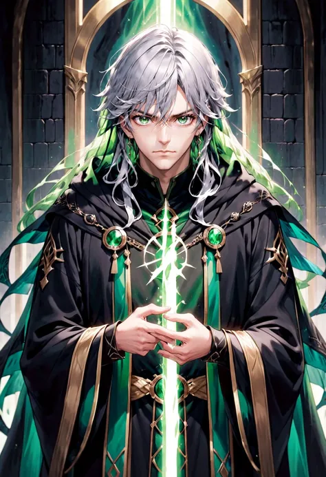 DauntlessXL Style, 1boy, black robe, closed mouth, earrings, gem, green eyes, grey hair, hood, hood down, jewelry, long hair, long sleeves, looking at viewer, magic, male focus, parted bangs, robe, serious, solo, standing, upper body, white hair, wide sleeves, <lora:DauntlessMixSDXL:0.8>