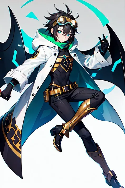 ultra detailed, masterpiece, best quality, solo, <lora:Asmaria15:0.75> asmaria, digimon, glowing crystals, green crystals, armor, layered armor, layered clothes, digimon \(creature\),
1boy, green eyes, short hair, black hair, bangs, hair between eyes, messy hair,
(goggles on head:1.3), headband, white coat, hooded coat, hood down, open coat, turtleneck, capri pants, pants, black knee boots,
digiegg of miracles, sharp angles,