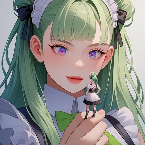 (masterpiece), (best quality), (highest quality), (highres), (absurdres), (extremely detailed), score_9, score_8_up, score_7_up, score_6_up, source_anime, score_5_up, score_4_up,<lora:gtssizev1:0.8> ,gtssize, size difference, minigirl, <lora:soda-nikke-richy-v2_pdxl:0.7>, nikkesoda, long hair, maid headdress, maid, green ascot, multicolored gloves, large breasts, :t, detached collar, chest strap, green hair, double bun, maid apron, mysterious lighting, (scene of two different cartoon anime characters together:1.4), kitchen, small human