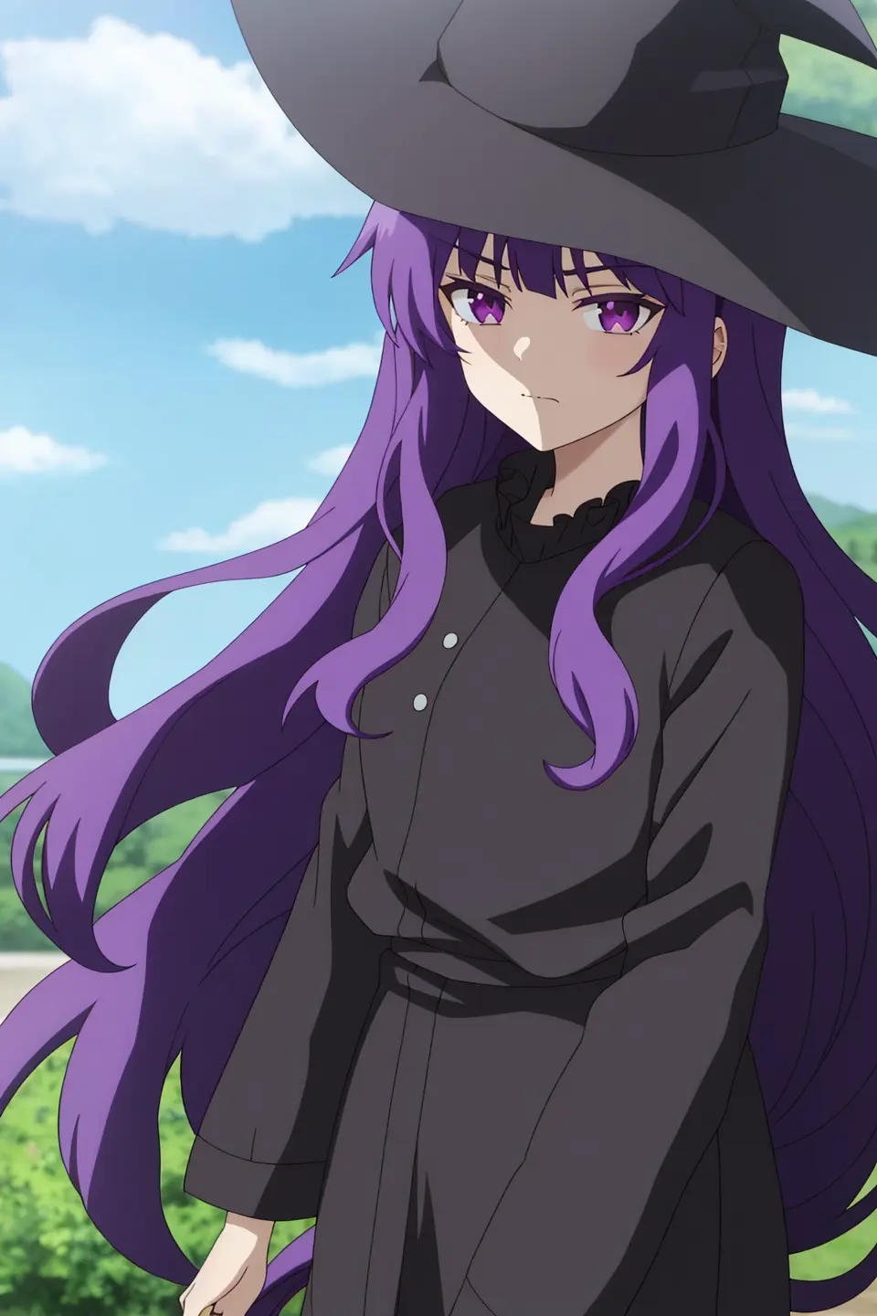leane, anime art style, 1girl, solo, long_hair, looking_at_viewer, bangs, hat, closed_mouth, purple_eyes, purple_hair, outdoors, v-shaped_eyebrows, black_headwear, frown, portrait