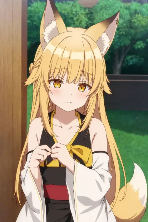 nina, anime art style, 1girl, solo, long_hair, looking_at_viewer, blush, bangs, blonde_hair, animal_ears, bare_shoulders, closed_mouth, collarbone, yellow_eyes, upper_body, sidelocks, detached_sleeves, japanese_clothes, sleeveless, indoors, kimono, blurry, animal_ear_fluff, fox_ears, blurry_background, fox_girl, hair_rings, white_sleeves, sleeveless_kimono