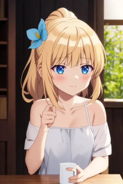 luna, anime art style, 1girl, solo, looking_at_viewer, blush, bangs, blue_eyes, blonde_hair, hair_ornament, dress, bare_shoulders, closed_mouth, collarbone, upper_body, ponytail, flower, hair_flower, medium_hair, off_shoulder, white_dress, blurry, blurry_background, blue_flower