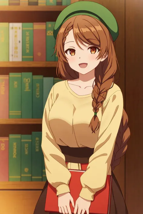 natalie, anime art style, 1girl, solo, long_hair, smile, open_mouth, bangs, brown_hair, shirt, long_sleeves, hat, holding, brown_eyes, collarbone, white_shirt, upper_body, braid, :d, indoors, book, single_braid, beret, green_headwear