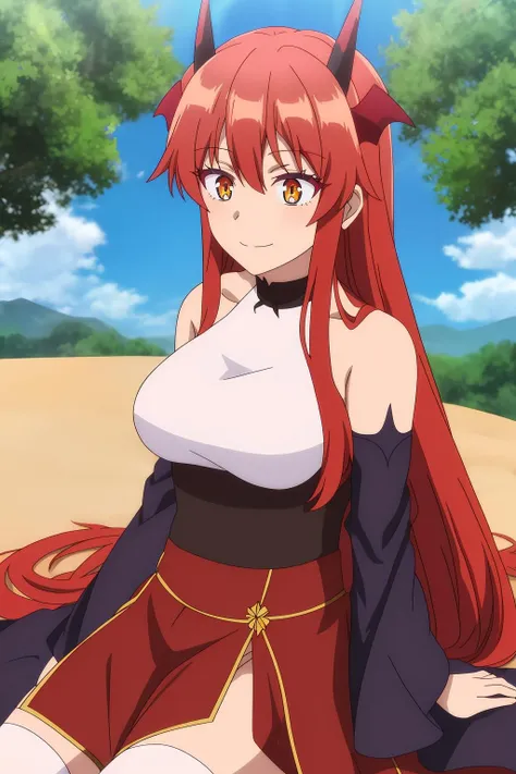 masterpiece, best quality, 1girl, solo, <lora:Kizuki - Beast Tamer - Tania:1>, tania, dragon girl, dragon horns, red hair, orange eyes, large breasts, long hair