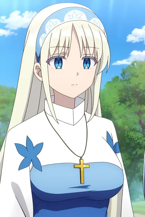 white background:2, <lora:BeastTamer_Mina_by_minion-10:0.7>, mina, blue dress, white dress, maxi dress, cross necklace, cowboy shot, standing, one knee up, blue sky, grassy field, looking at viewer, 1girl, solo, high contrast, sharp focus, masterpiece, best quality, highly detailed, HDR, highest quality, highres, sharp focus, 8k, 16k, skin pores, dynamic lights, realistic shadows, best shading, award winning masterpiece