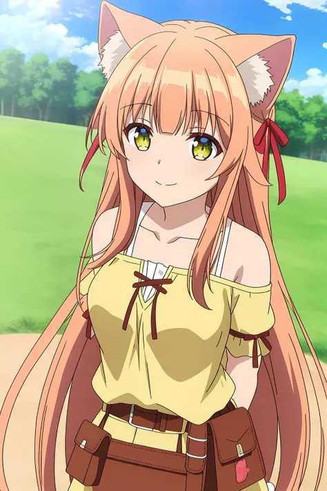 kanade, anime art style, 1girl, solo, long_hair, breasts, looking_at_viewer, smile, bangs, brown_hair, shirt, dress, ribbon, animal_ears, bare_shoulders, very_long_hair, closed_mouth, green_eyes, collarbone, hair_ribbon, short_sleeves, outdoors, sky, day, belt, cloud, cat_ears, red_ribbon, blue_sky, animal_ear_fluff, arms_behind_back, pouch, yellow_shirt, belt_pouch