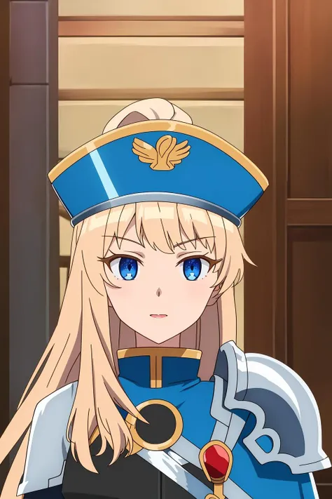 stella, 1girl, solo, long_hair, looking_at_viewer, blue_eyes, blonde_hair, hat, upper_body, cape, armor, shoulder_armor, pauldrons