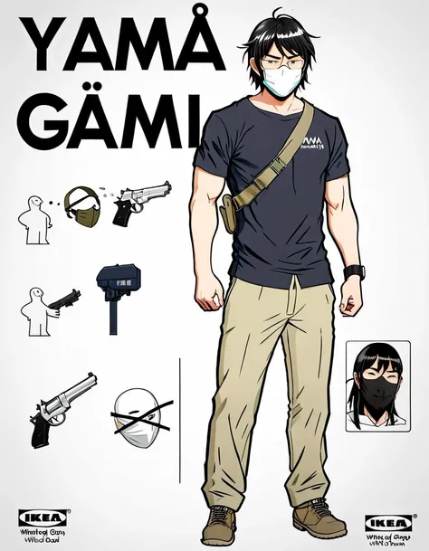 <lora:ikea_instructions_xl_v1_5:1> A male at thirty years old, (with title letters 'Yama gami' written on it:1.2), (wearing plain gray t-shirt:1.1), (with khaki pants), carrying a (dark blue:1.05) (shoulder bag:1), (wearing a white mask:1.1), (wearing glasses:1.15), black Nylon belt, (holding a black gun:1.15), long (bangs hidden eyebrows:1.1), (narrow eyes), sober otaku, (black hair:0.4)