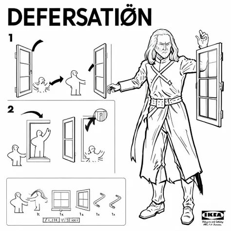 Defenestration guide to push people through windows by old knight with long white hair , open window, push person, close window<lora:ikea_instructions_xl_v1_5:1>