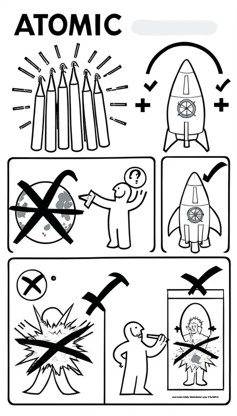 atomic bomb, rocket, large explosion and child safety warning, happy scientists <lora:ikea_instructions_xl_v1_5:1>