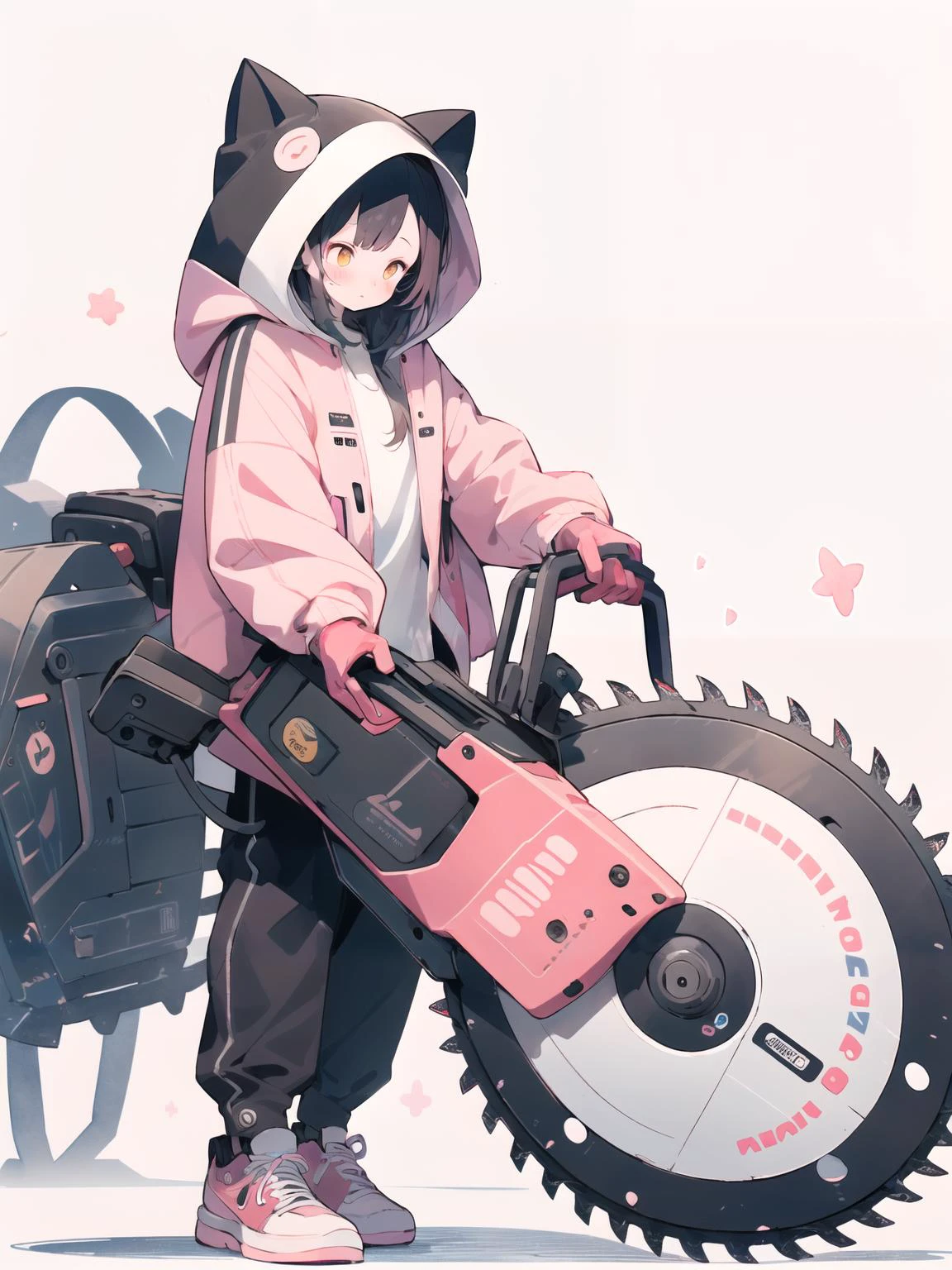 masterpiece, best quality,(cute illustration:1.2),(pastel color:1.3),(watercolor:1.1),(kawaii, cute, sweet:1.3),
1girl,cat,full body,oversized hooded jacket,
BREAK
(holding gigantic mechanical circular saw:1.3), <lora:weapon_v01_cute:0.7>