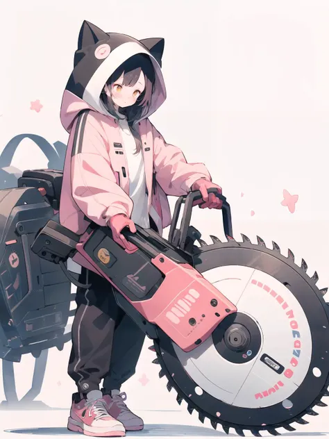 masterpiece, best quality,(cute illustration:1.2),(pastel color:1.3),(watercolor:1.1),(kawaii, cute, sweet:1.3),
1girl,cat,full body,oversized hooded jacket, 
BREAK
(holding gigantic mechanical circular saw:1.3), <lora:weapon_v01_cute:0.7>