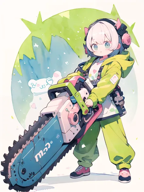 (pastel color:1.3),(cute illustration:1.3),(watercolor:1.1),(kawaii, cute, sweet:1.2),full body,dynamic pose,
oversized hooded jacket, 
holding huge mechanical chainsaw,
<lora:SawWeaponCute2:0.8>