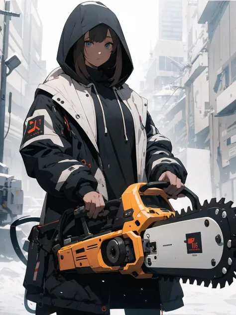 Absurd, High resolution, Super detailed,
One person,Oversized hooded jacket,whole body,
Has a chainsaw,