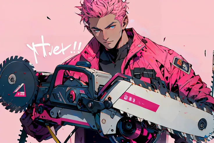 (masterpiece,best quality),1boy,blue eyes, holding huge circular saw , upper body ,looking at viewer,pink background,<lora:weapon:0.7>, <lora:lineart2:0.9>