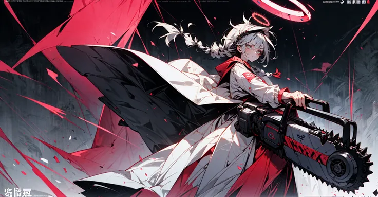 (dramatic, gritty, intense:1.4),absurdres, masterpiece, best quality, 8k, insane details, intricate details, hyperdetailed, hyper quality, high detail, ultra detailed, (black background:1.2),[(black background:1.5)::5],
1girl,solo, oversized hooded jacket,(holding mechanical chainsaw:1.2), (full body:1.2),
film poster featuring a young woman as the central character.           She stands confidently in the center of the poster, wearing a stylish and edgy outfit, with a determined expression on her face.           The background is dark and gritty, with a sense of danger and intensity.           The text is bold and attention-grabbing, with a catchy tagline that adds to the overall feeling of drama and excitement.           The color palette is mainly dark with splashes of vibrant colors, giving the poster a dynamic and visually striking appearance,tachi-e (magazine:1.3), (cover-style:1.3), fashionable, woman, vibrant, outfit, posing, front, colorful,
(light anger:1.2)(More halos:1.5)(Floating cape and skirt:1.1)(evil smile:1.0), (red ribbon),(Blood on face:0.8),(Braid:1.5),sideways glance,(Mole under eye:0.8), (cold attitude,eyeshadow,eyeliner:1.1),
<lora:weapon:0.8>