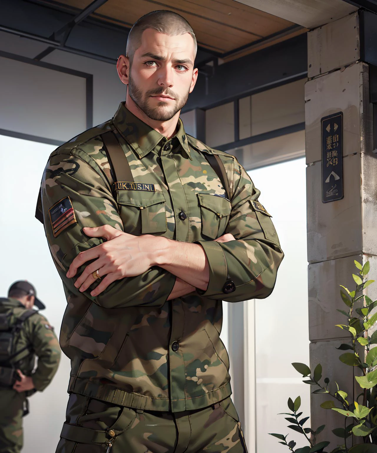 full shot, manly mature man, buzzcut