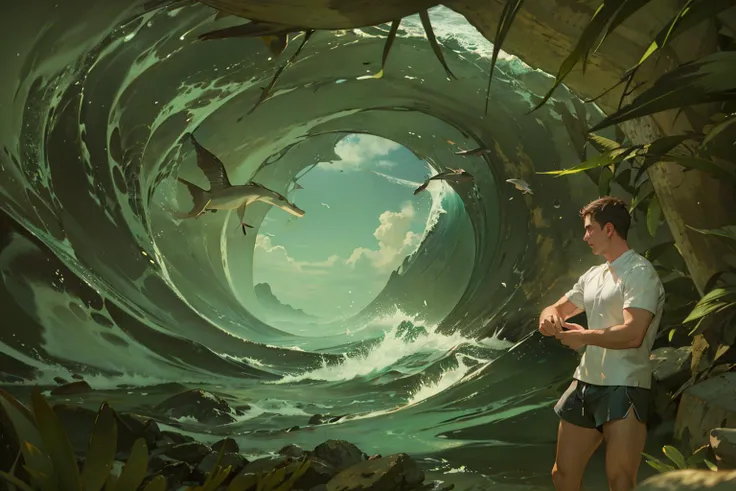 man wearing shorts, water