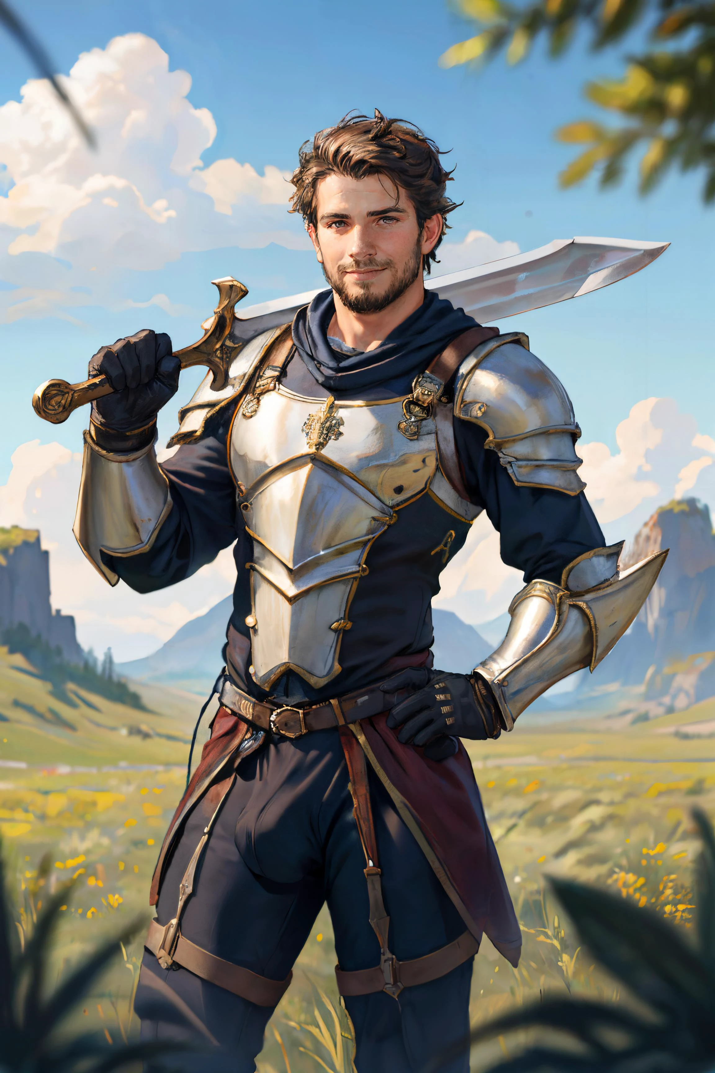 (masterpiece, best quality), (Balance and coordination between all things), 1boy, (extremely chubby:1.2), stubble, wearing (shawl, bodysuit, armor, fingerless armor gloves), bulgej8, large bulge, male bulge, black hair, high fade haircut, chubby chest, belly, (high detailed skin, visible pores), (blush, smile), looking at viewer, weapon over shoulder, sword, standing, hand on own hip, on hip, outdoors grasslands, magic fantasy castle, sky clouds, POV, depth of field, bokeh background, detail (eyes, face), perfect lighting, bloom, global illumination, volumetric lighting, (fantasy theme:1.2), <lora:hotarublurbk_v100:0.5>, <lora:add_detail:0.25>, <lora:bulgeJ8_concept_V1:0.75>, <lora:Concept_SwordOverShoulder:0.8>