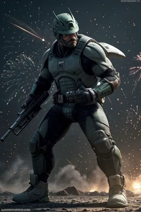 (best quality, high quality:1.2, highres, incredibly absurdres, very very smooth, masterpiece), best mustache commander man attacking with his giant plastic shotgun, realistic holding weapon movement, intricate 3d battelfield, fireworks, very strong depth of field, vivid creative battlefield 3d background, best 3d, exceptional high quality 3d rendering, unreal engine 5, tesselllation, ray-tracing, new, newest, best aesthetic, epic creative, majestic original, jade commandforce