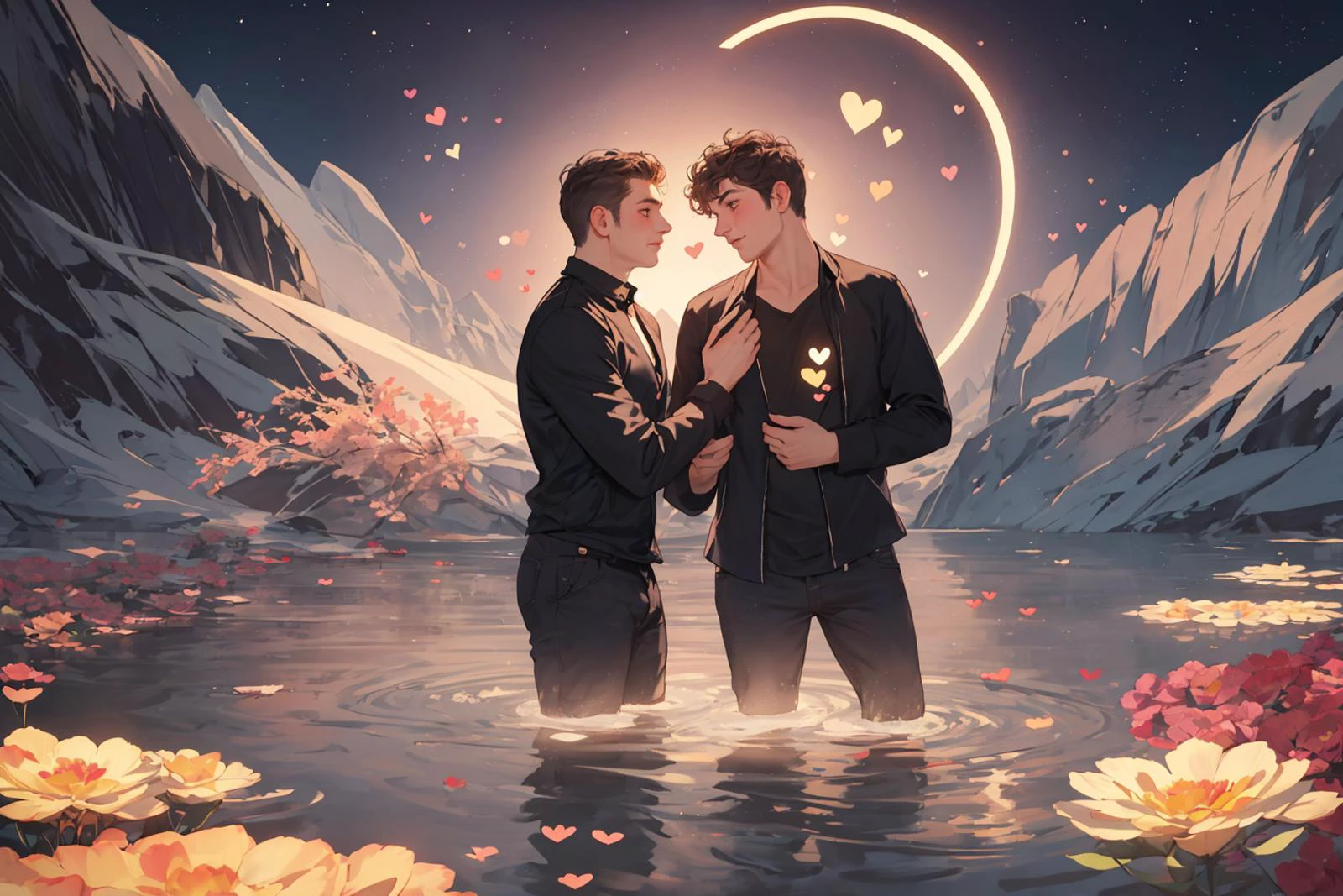 gay couple standing in the glowing water, heart, love, heart emoji everywhere, valentine, night, star with heart shape, man, masterpiece, valentine abstract background, flower on the lower background, surreal