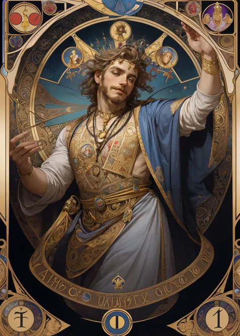 best quality, 1 male, adult, the fool (tarot), bard, clown, Symbolism, Visual art, Occult, Universal, Vision casting, Philosophical, Iconography, Numerology, Popularity, Artistic, Alfons Mucha