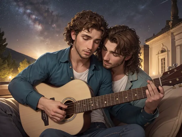 absurdres,masterpiece,ultra-fine painting,sharp focus,extreme detail description,male focus,(((art by Jean-Baptiste Carpeaux))),abs, A romantic scene of a young guy with wavy brown hair, serenading with a guitar under a starlit sky. The scene is intimate and heartwarming, with soft lighting and a sense of serenity. ((Young guy, wavy brown hair)), guitar, starlit sky, (intimate, heartwarming).
