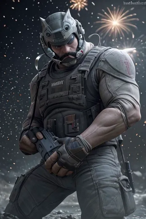 (best quality, high quality:1.2, highres, incredibly absurdres, very very smooth, masterpiece), best mustache commander man attacking with his giant plastic shotgun, realistic holding weapon movement, intricate 3d battelfield, fireworks, very strong depth of field, vivid creative battlefield 3d background, best 3d, exceptional high quality 3d rendering, unreal engine 5, tesselllation, ray-tracing, new, newest, best aesthetic, epic creative, majestic original,ultramarine commandforce